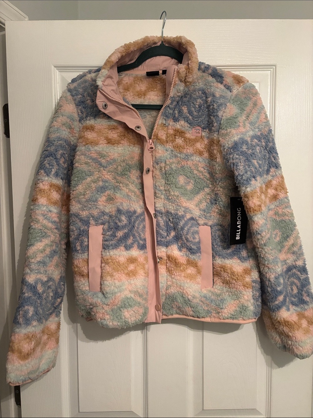 Billabong Pastel Swirl Sherpa Jacket in Pink, Blue, Cream, Tan